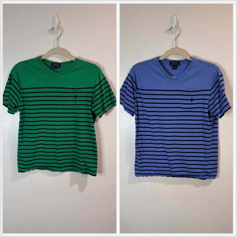 Polo Ralph Lauren Boys T-shirt Lot 2 Shirts L 14-16 Green Blue Stripe V-neck
